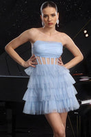 Load image into Gallery viewer, Sparkly Blue Sequin Corset Tiered Short Prom Dress with Ruffles