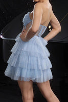 Load image into Gallery viewer, Sparkly Blue Sequin Corset Tiered Short Prom Dress with Ruffles