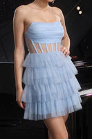 Load image into Gallery viewer, Sparkly Blue Sequin Corset Tiered Short Prom Dress with Ruffles