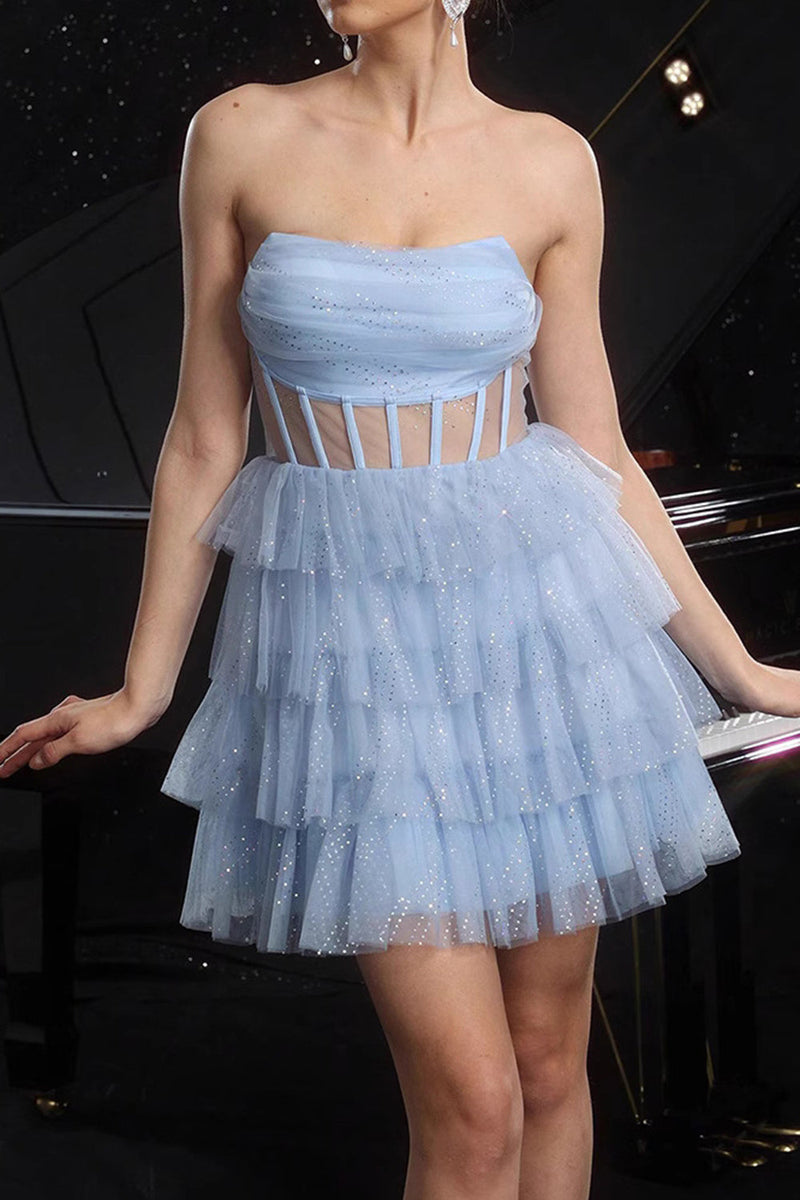 Load image into Gallery viewer, Sparkly Blue Sequin Corset Tiered Short Prom Dress with Ruffles