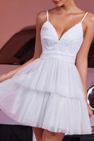 Load image into Gallery viewer, White Tulle A Line Tiered Short Prom Dress with Ruffles