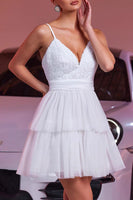 Load image into Gallery viewer, White Tulle A Line Tiered Short Prom Dress with Ruffles