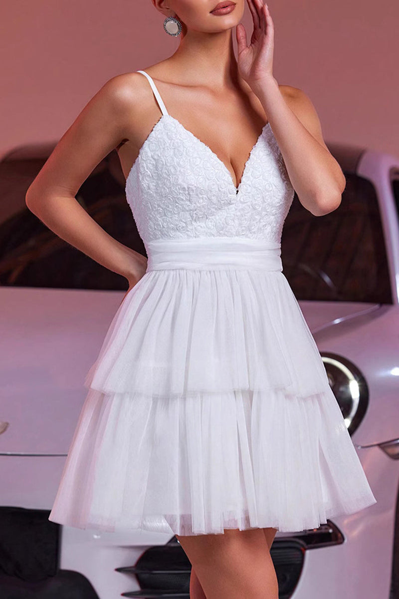 Load image into Gallery viewer, White Tulle A Line Tiered Short Prom Dress with Ruffles