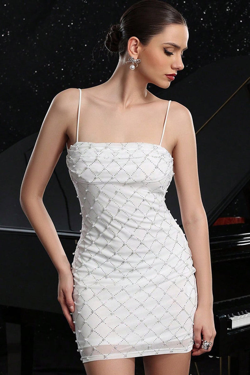 Load image into Gallery viewer, Sparkly White Spaghetti Straps Short Tight Prom Dress with Pearls