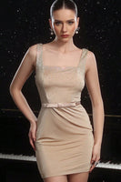 Load image into Gallery viewer, Sparkly Khaki BeadedShort Tight Prom Dress with Belt
