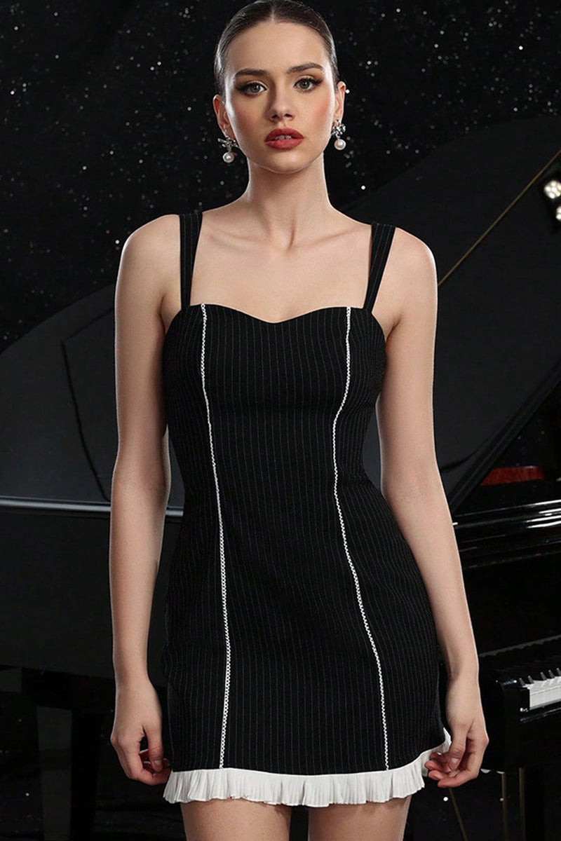 Load image into Gallery viewer, Black Bodycon Striped Short Tight Prom Dress with Ruffles