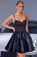 Load image into Gallery viewer, Sparkly Navy Satin A Line Corset Short Prom Dress with Beading