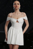 Load image into Gallery viewer, White Satin A Line Cold Shoulder Short Prom Dress with Keyhole