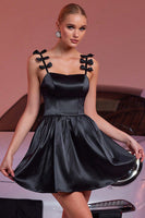 Load image into Gallery viewer, Black Satin A Line Short Prom Dress with Bows