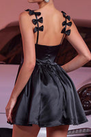 Load image into Gallery viewer, Black Satin A Line Short Prom Dress with Bows