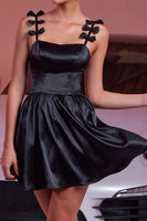 Load image into Gallery viewer, Black Satin A Line Short Prom Dress with Bows