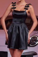 Load image into Gallery viewer, Black Satin A Line Short Prom Dress with Bows