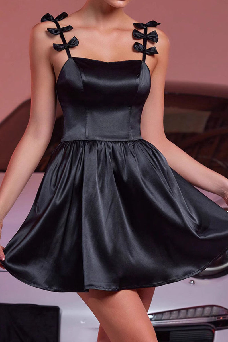 Load image into Gallery viewer, Black Satin A Line Short Prom Dress with Bows
