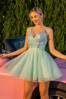 Load image into Gallery viewer, Women Sparkly Green A Line Short Prom Dress with Sequins Tulle Spaghetti Straps Cocktail Dress