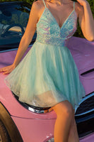 Load image into Gallery viewer, Sparkly Green Tulle A Line Short Prom Dress with Sequins