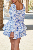 Load image into Gallery viewer, White Blue Tiered Floral V-Neck Short Prom Dress with Ruffles