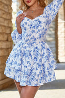Load image into Gallery viewer, White Blue Tiered Floral V-Neck Short Prom Dress with Ruffles