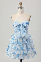 Load image into Gallery viewer, White and Blue Ruffled Floral Strapless Short Prom Dress with Bow
