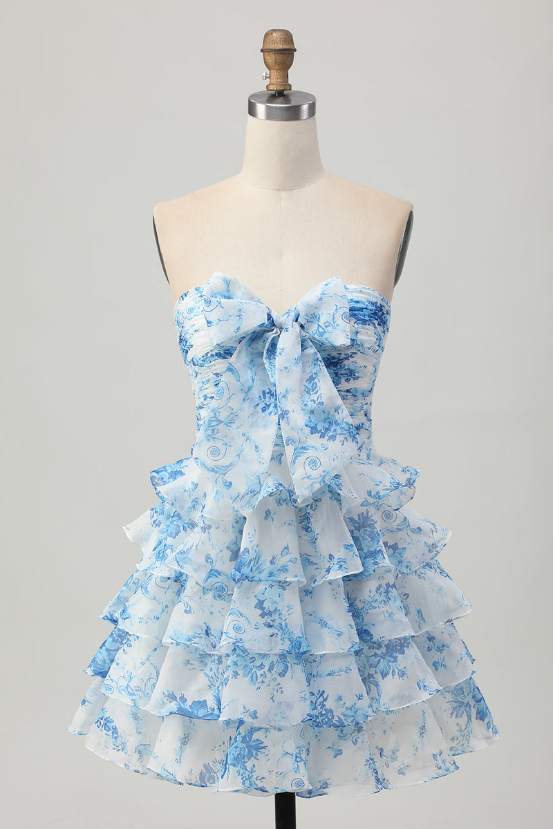 Load image into Gallery viewer, White and Blue Ruffled Floral Strapless Short Prom Dress with Bow
