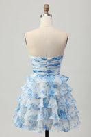 Load image into Gallery viewer, White and Blue Ruffled Floral Strapless Short Prom Dress with Bow