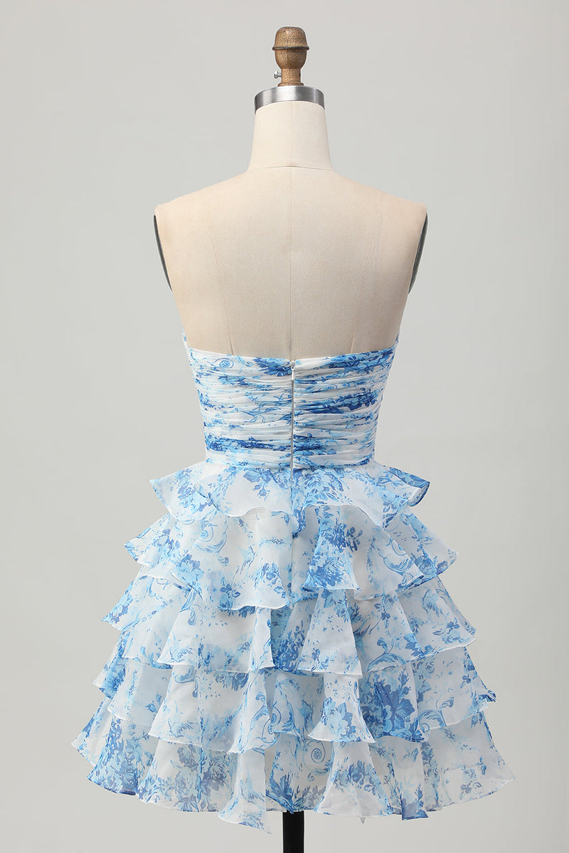 Load image into Gallery viewer, White and Blue Ruffled Floral Strapless Short Prom Dress with Bow