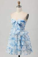 Load image into Gallery viewer, White and Blue Ruffled Floral Strapless Short Prom Dress with Bow