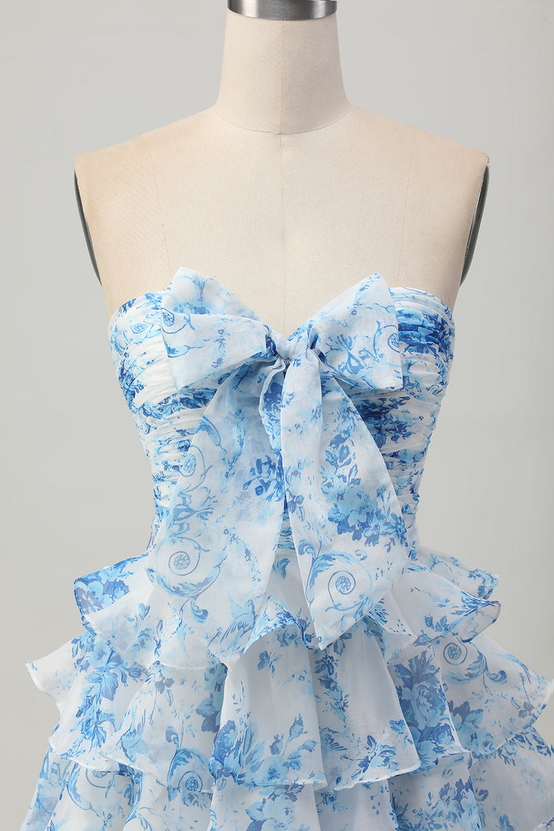 Load image into Gallery viewer, White and Blue Ruffled Floral Strapless Short Prom Dress with Bow