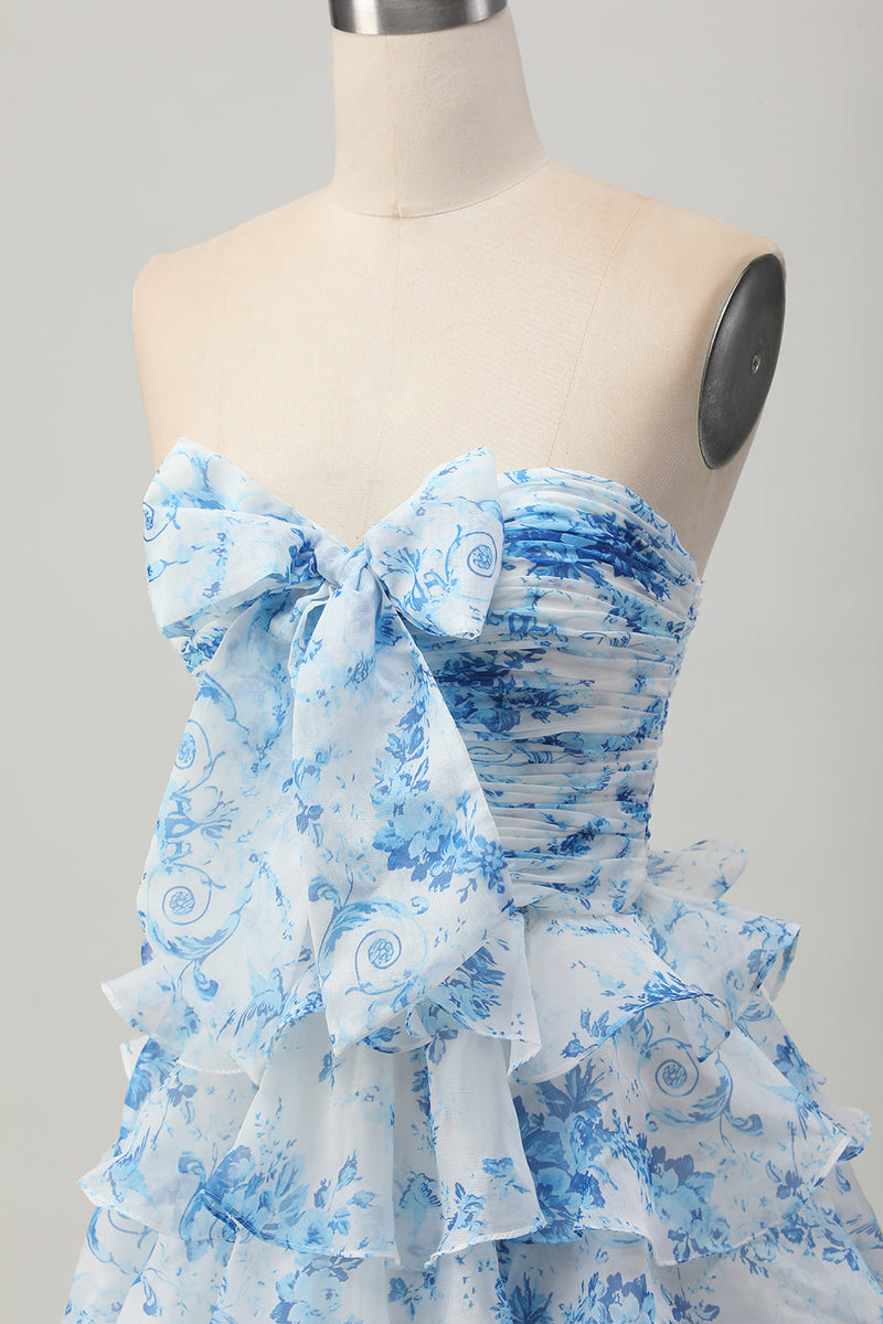 Load image into Gallery viewer, White and Blue Ruffled Floral Strapless Short Prom Dress with Bow
