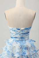 Load image into Gallery viewer, White and Blue Ruffled Floral Strapless Short Prom Dress with Bow