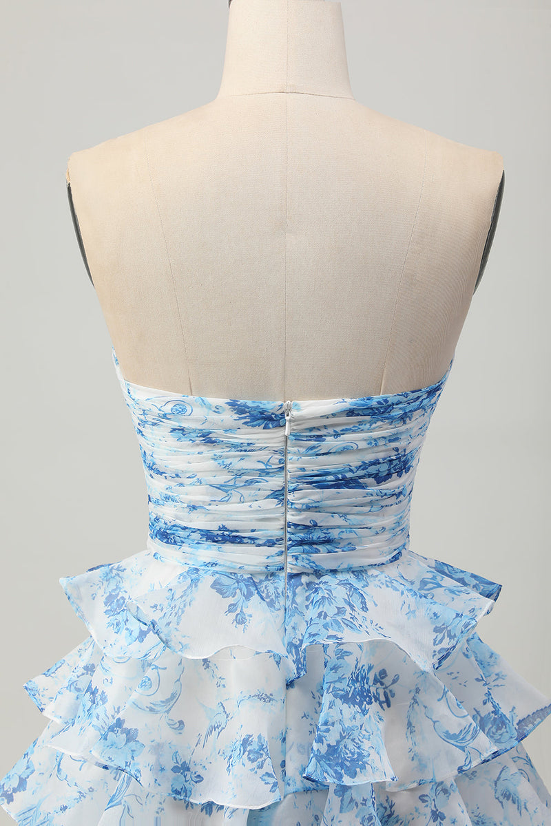 Load image into Gallery viewer, White and Blue Ruffled Floral Strapless Short Prom Dress with Bow