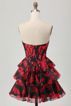 Black and Red Sweetheart Corset Floral Short Prom Dress with Ruffles