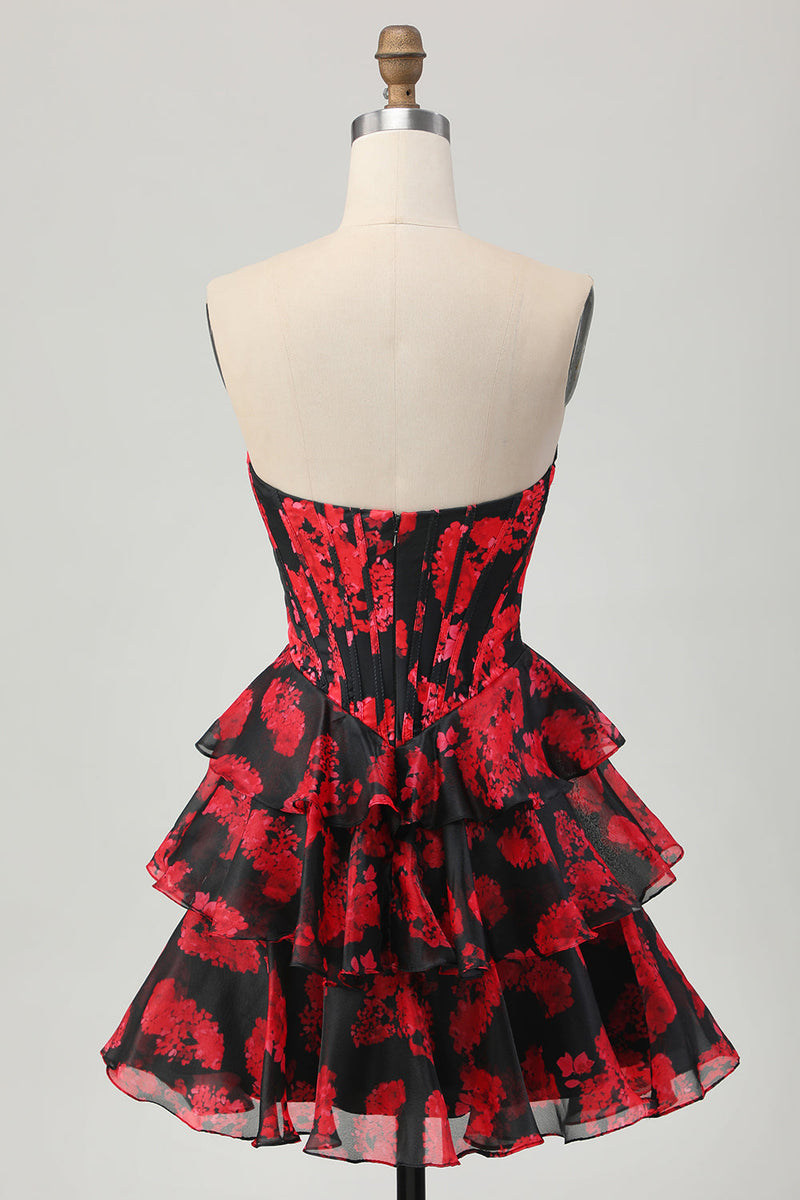 Load image into Gallery viewer, Black and Red Sweetheart Corset Floral Short Prom Dress with Ruffles