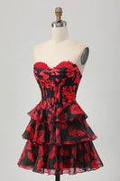 Load image into Gallery viewer, Black and Red Sweetheart Corset Floral Short Prom Dress with Ruffles