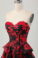 Load image into Gallery viewer, Black and Red Sweetheart Corset Floral Short Prom Dress with Ruffles