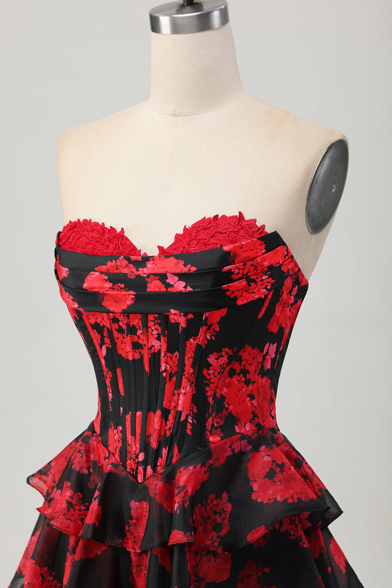 Load image into Gallery viewer, Black and Red Sweetheart Corset Floral Short Prom Dress with Ruffles