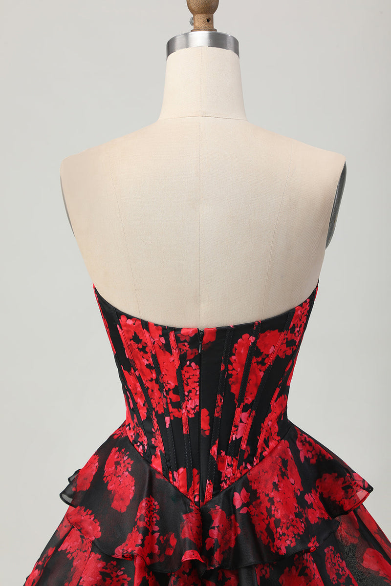 Load image into Gallery viewer, Black and Red Sweetheart Corset Floral Short Prom Dress with Ruffles