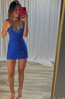 Load image into Gallery viewer, Sparkly Royal Blue V Neck Bodycon Short Corset Prom Dress with Beading
