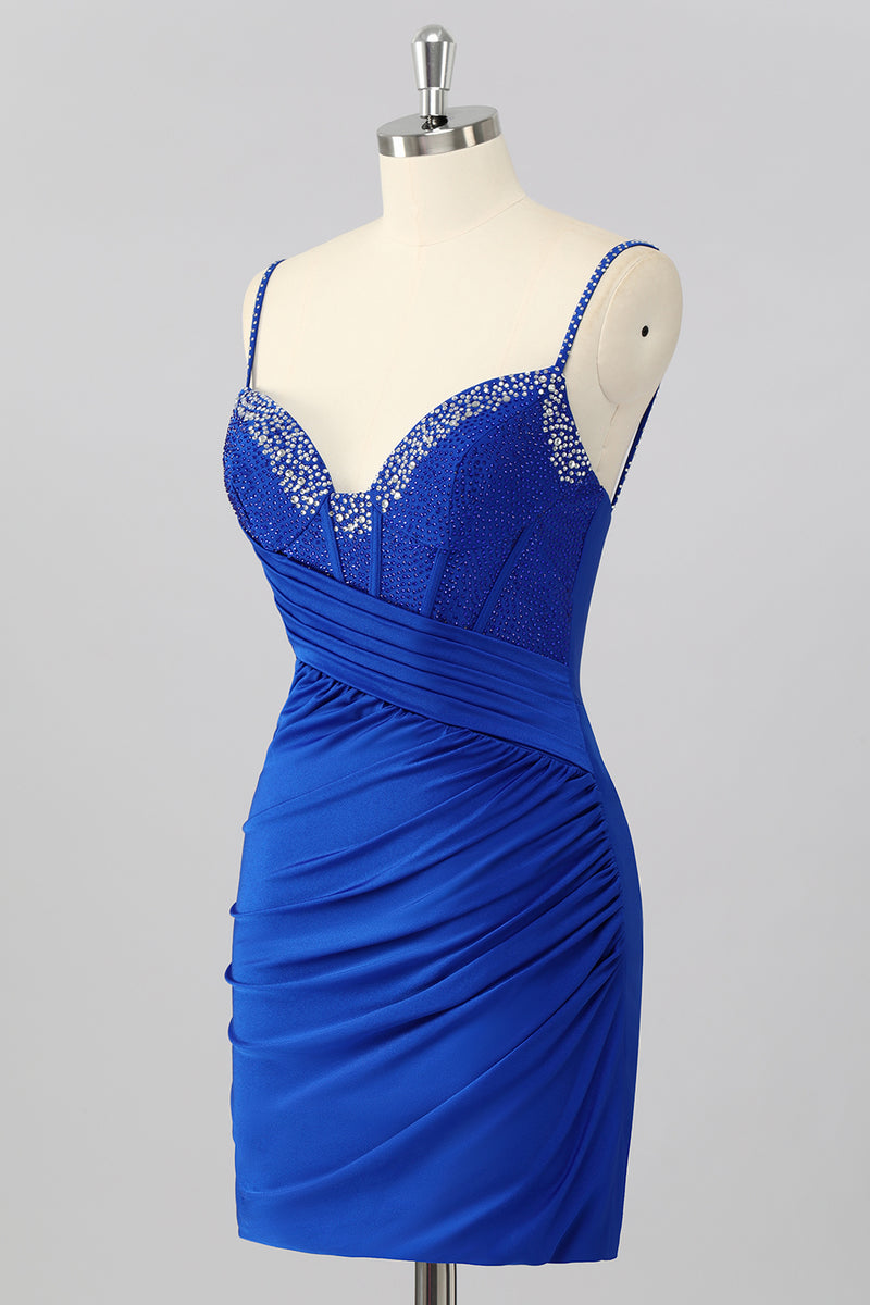 Load image into Gallery viewer, Sparkly Royal Blue V Neck Corset Bodycon Short Prom Dress with Beading
