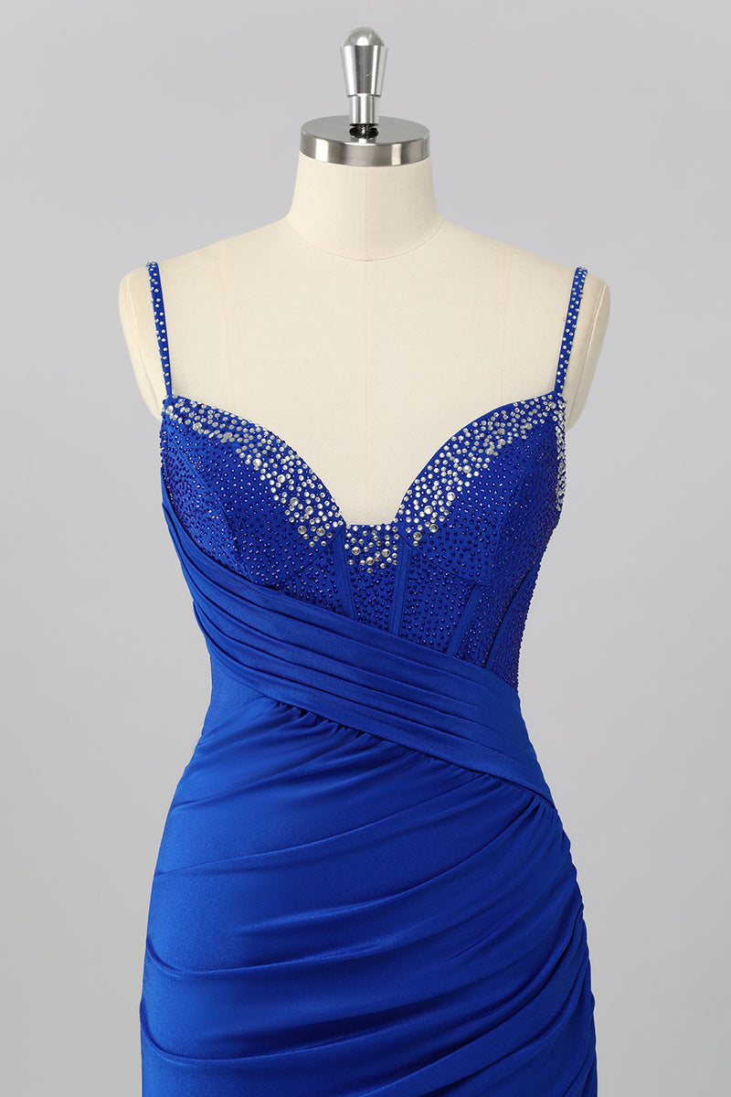 Load image into Gallery viewer, Sparkly Royal Blue V Neck Corset Bodycon Short Prom Dress with Beading