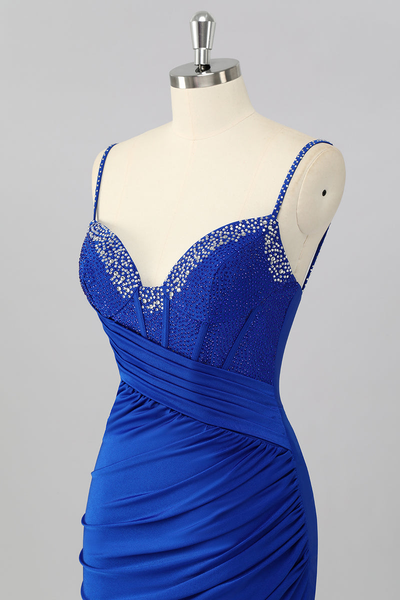 Load image into Gallery viewer, Sparkly Royal Blue V Neck Corset Bodycon Short Prom Dress with Beading