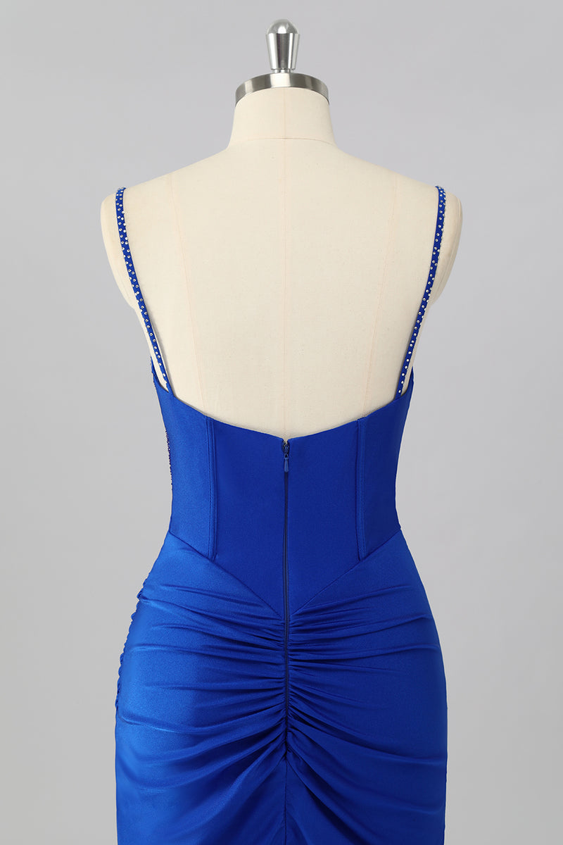 Load image into Gallery viewer, Sparkly Royal Blue V Neck Corset Bodycon Short Prom Dress with Beading