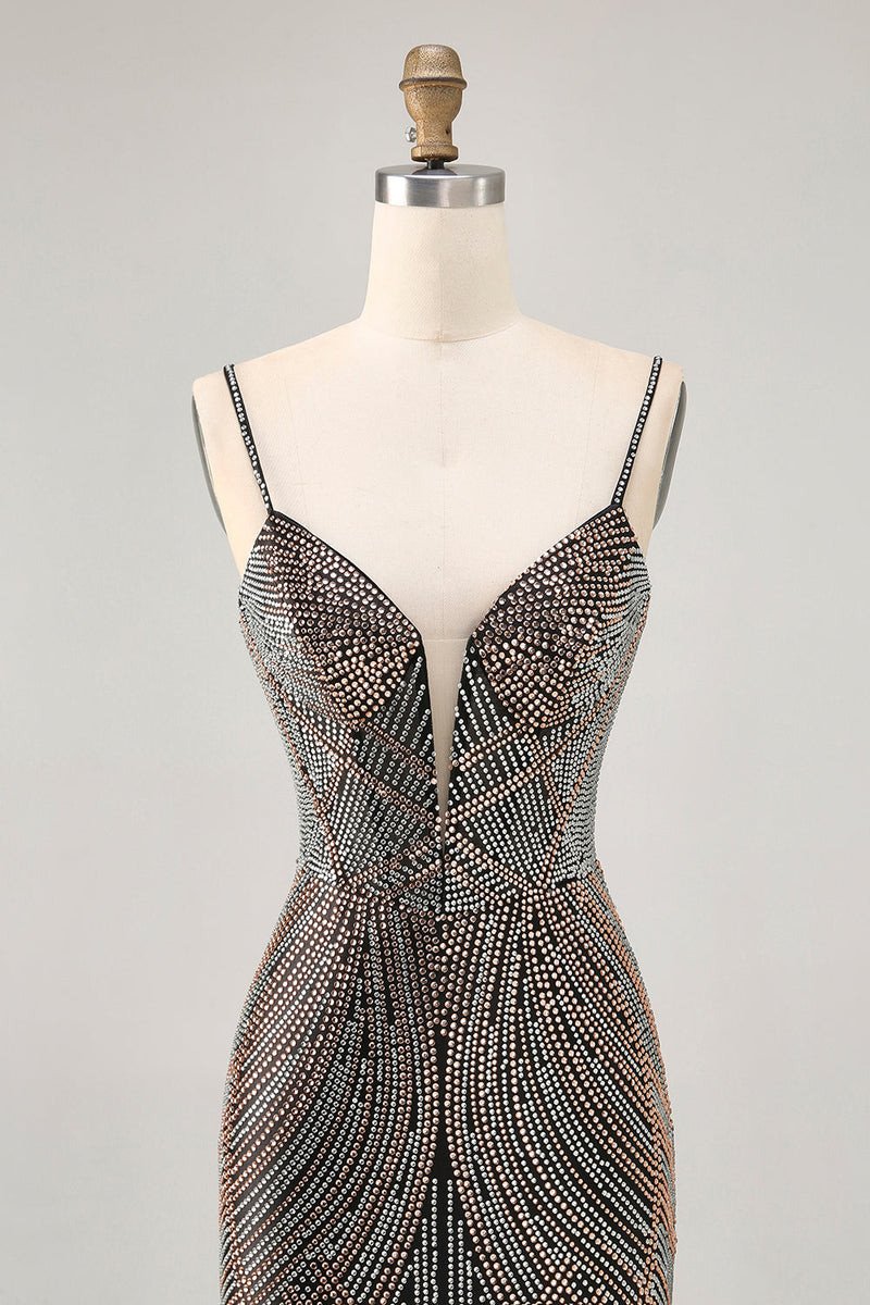 Load image into Gallery viewer, Sparkly Black Backless Tight Short Prom Dress with Beading