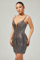 Load image into Gallery viewer, Sparkly Black Backless Tight Short Prom Dress with Beading