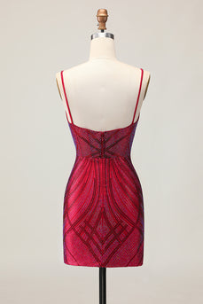 Sparkly Burgundy Backless Short Tight Prom Dress with Beading