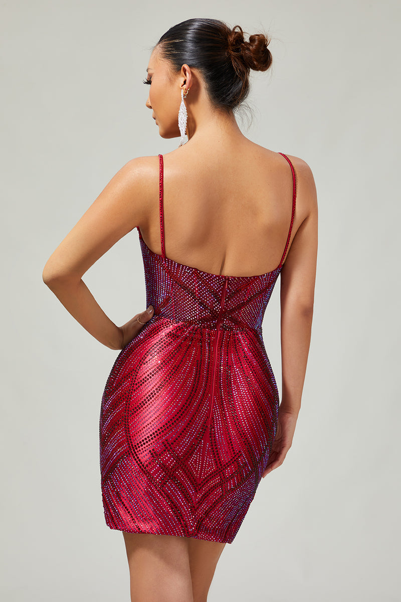Load image into Gallery viewer, Sparkly Burgundy Backless Short Tight Prom Dress with Beading
