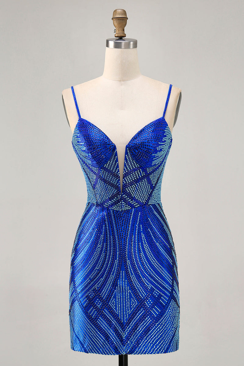 Load image into Gallery viewer, Sparkly Royal Blue Short Backless Tight Prom Dress with Beading