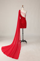 Load image into Gallery viewer, Sparkly Red Short One Shoulder Prom Dress with 3D Flowers