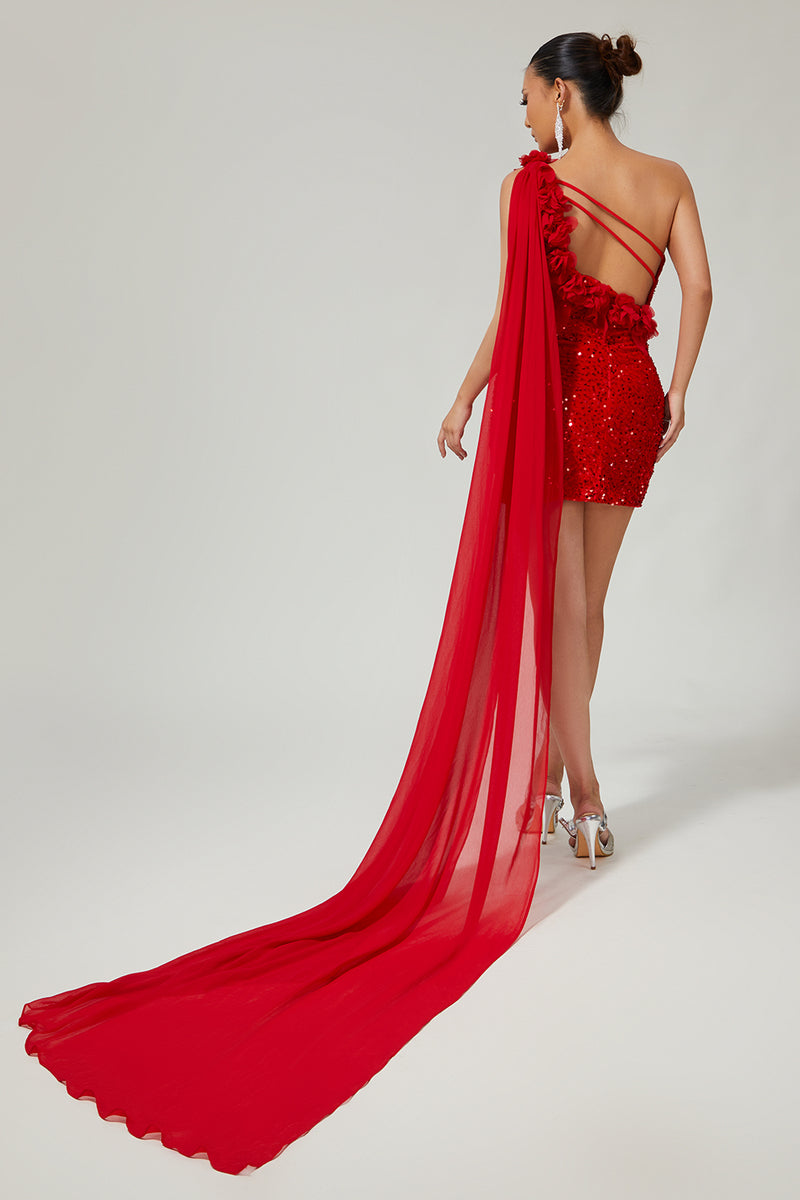 Load image into Gallery viewer, Sparkly Red Short One Shoulder Prom Dress with 3D Flowers