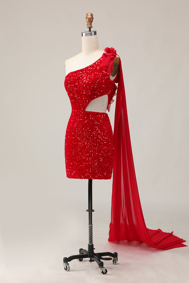 Load image into Gallery viewer, Sparkly Red Short One Shoulder Prom Dress with 3D Flowers