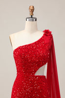 Load image into Gallery viewer, Sparkly Red Short One Shoulder Prom Dress with 3D Flowers